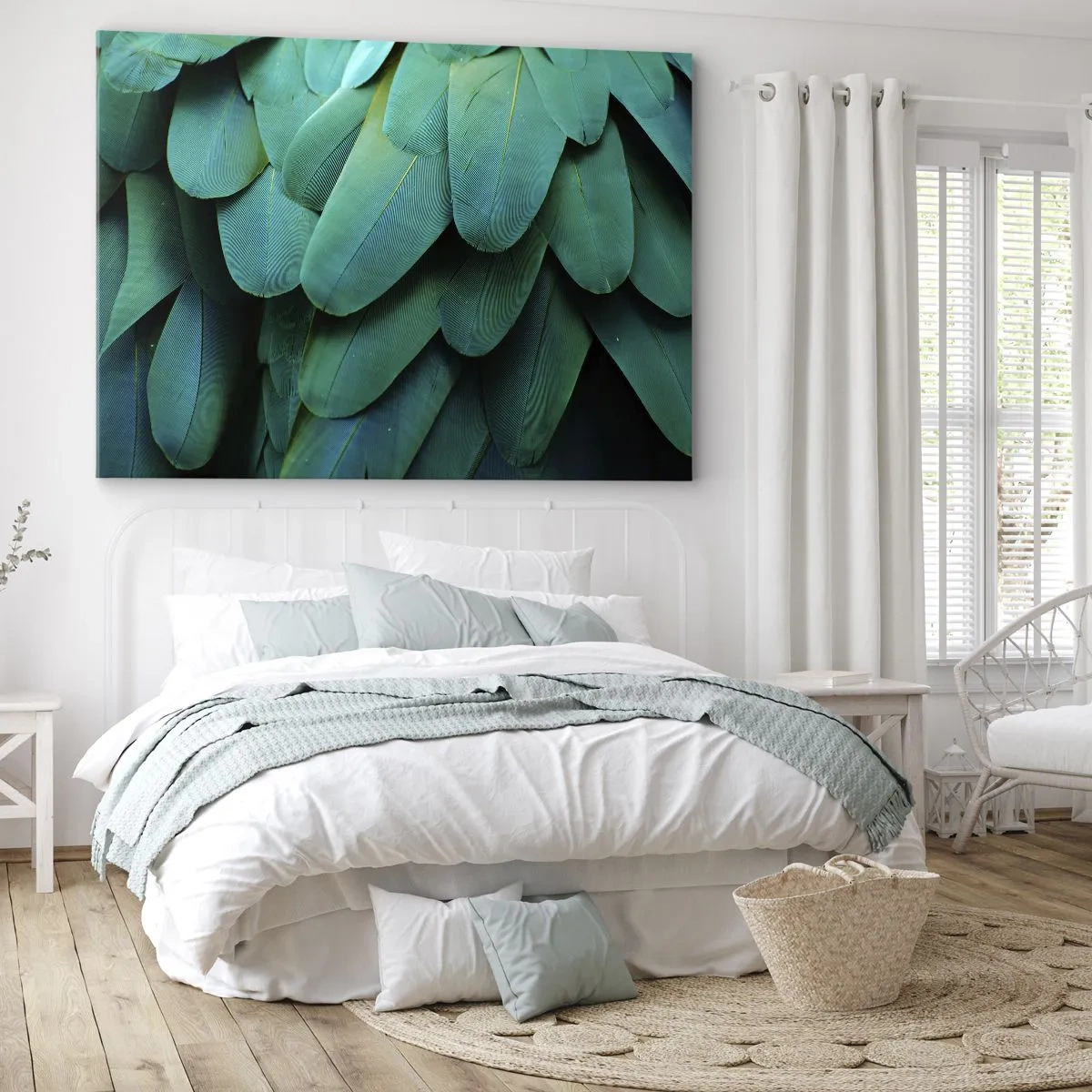 Obraz na płótnie - Detal piór w odcieniach zieleni - 70x50cm - Precyzja papuziej natury - Nowoczesna dekoracja ścienna do salonu i sypialni ARTTOR