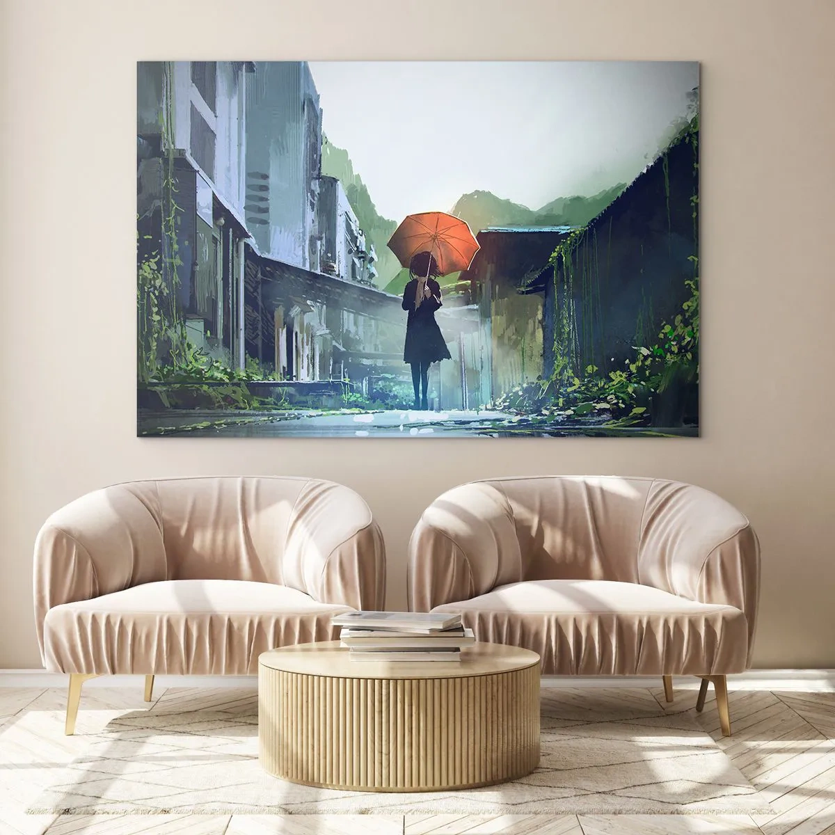 Obraz na szkle - Postać z pomarańczowym parasolem na deszczowej ulicy - 100x70cm - Ożywczy deszcz - Nowoczesna dekoracja ścienna do salonu, kuchni i sypialni ARTTOR