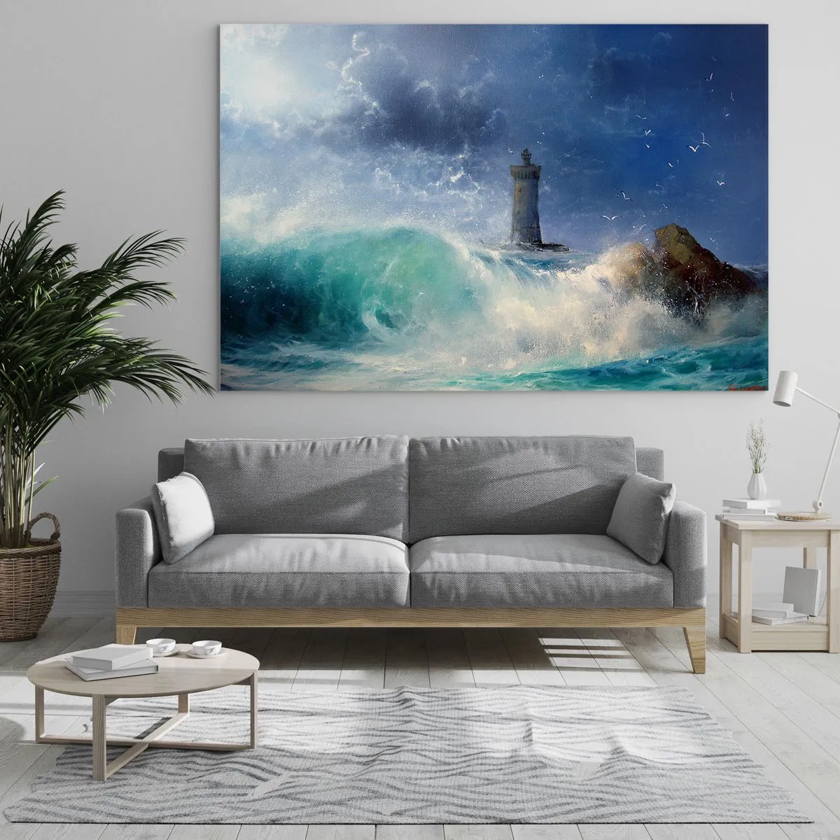 Obraz na szkle - Latarnia morska wśród wzburzonych fal oceanu - 120x80cm - Na straży przeciw żywiołom - Nowoczesna dekoracja ścienna do salonu, kuchni i sypialni ARTTOR