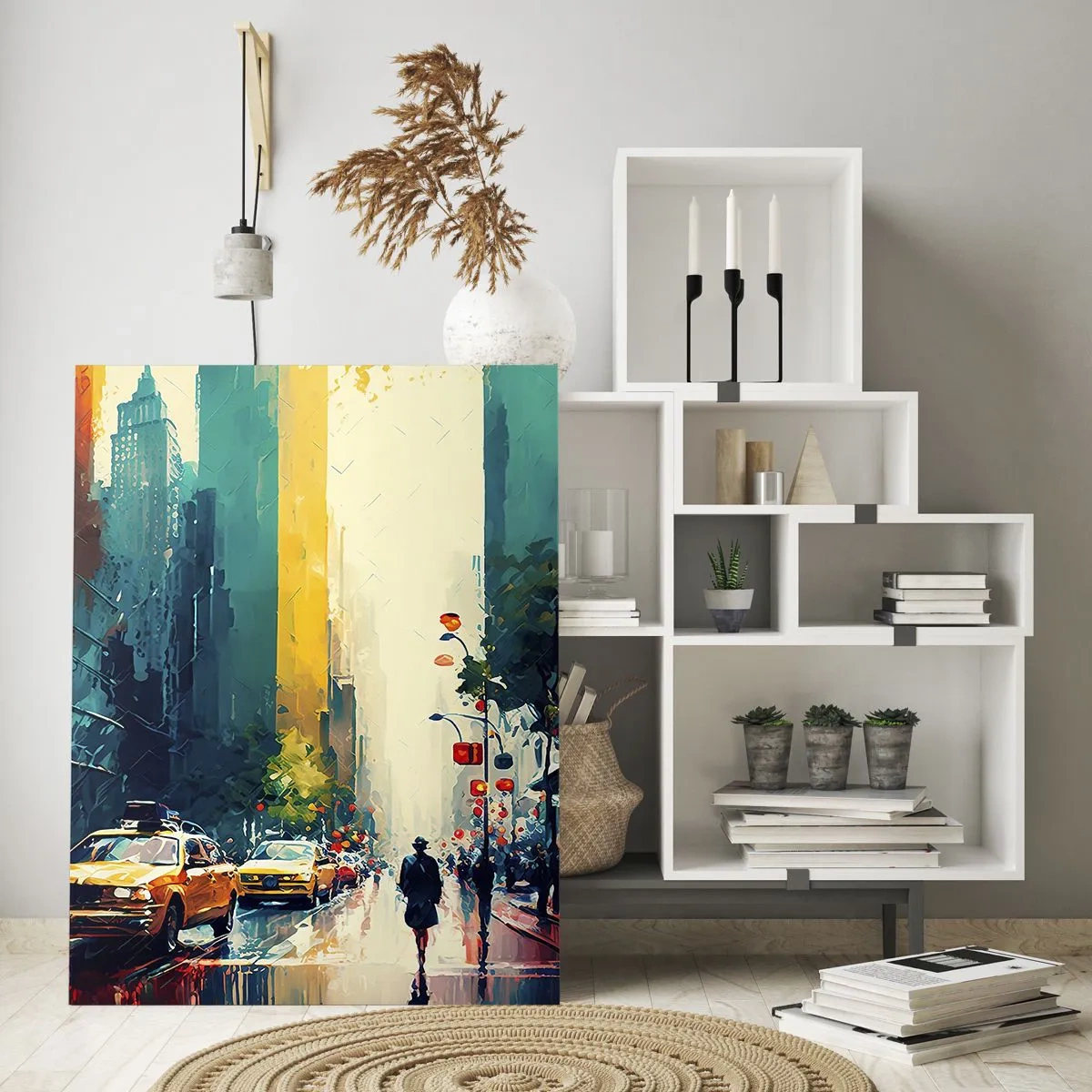 Obraz na szkle - Kolorowe taksówki i wieżowce na mokrej ulicy miasta - 50x70cm - Nowy Jork – tu nawet deszcz jest kolorowy - Nowoczesna dekoracja ścienna do salonu, kuchni i sypialni ARTTOR