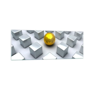 Obraz na szkle - Złota kula wyróżniająca się wśród srebrnych sześcianów - 140x50cm - Dlaczego ja? Kompozycja geometryczna - Nowoczesna dekoracja ścienna do salonu i sypialni ARTTOR