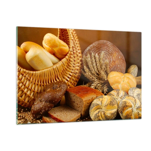 Obraz na szkle - Kosz z pieczywem i bochenki na tle kłosów zboża - 120x80cm - Znowu się nam upiekło - Nowoczesna dekoracja ścienna do salonu, kuchni i sypialni ARTTOR