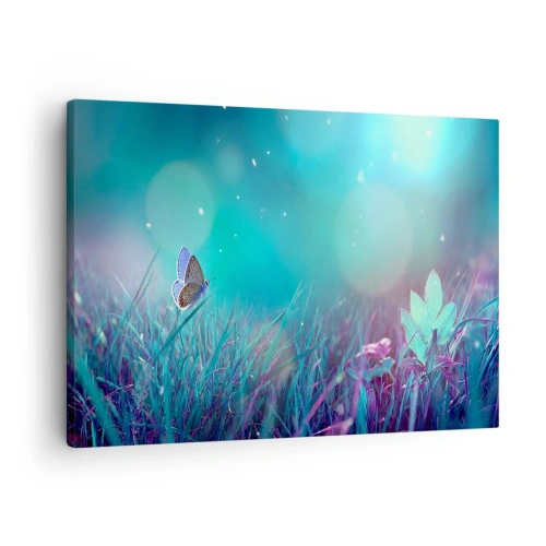 Obraz na płótnie - Motyl na trawie w świetle rozmytych refleksów - 70x50cm - Sekretne życie łąki - Nowoczesna dekoracja ścienna do salonu i sypialni ARTTOR