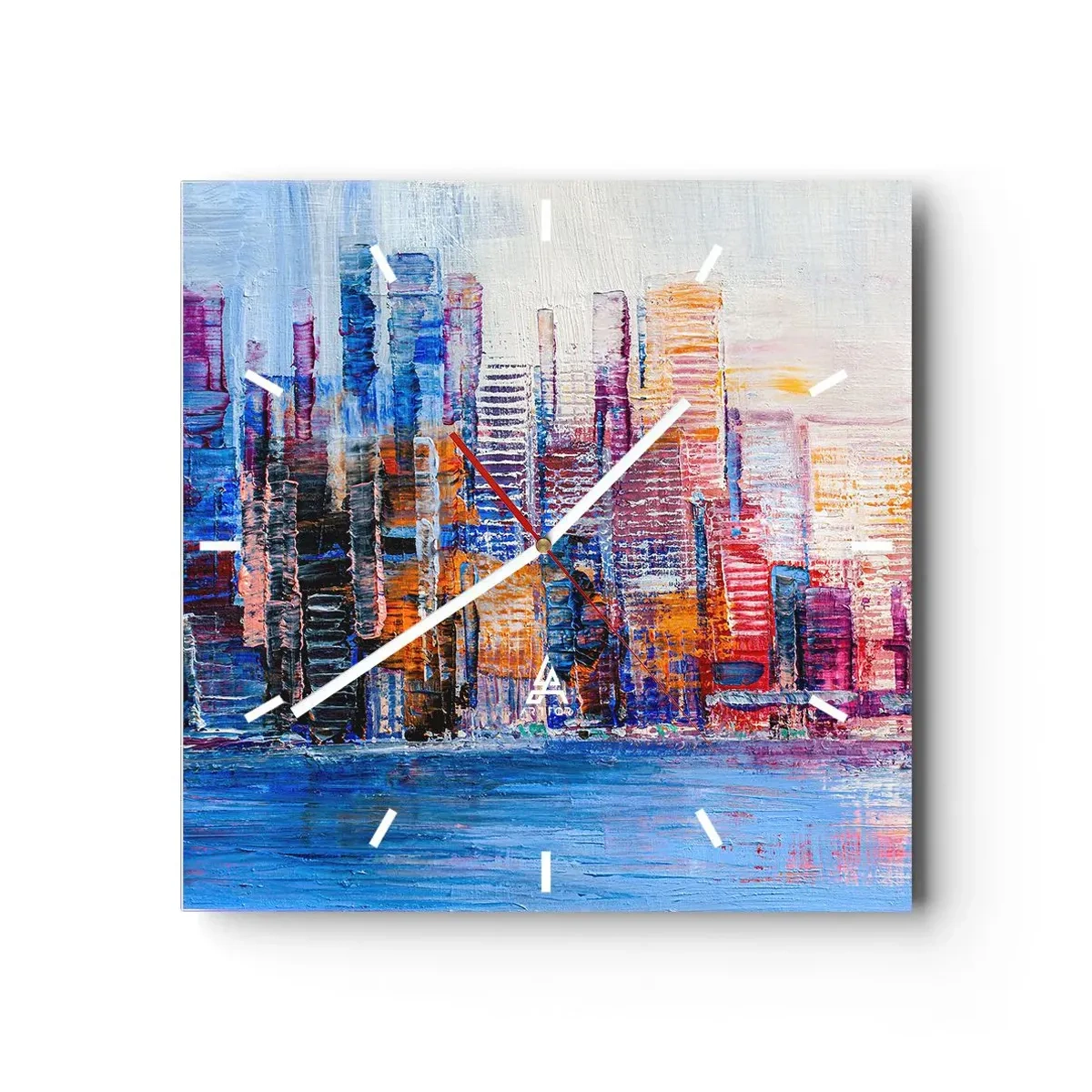 Zegar ścienny - Kolorowa panorama miasta z refleksami na wodzie - 30x30cm - Radosna metropolia - Nowoczesna dekoracja ścienna do salonu i sypialni ARTTOR