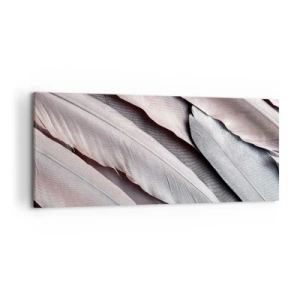 Obraz na płótnie - Delikatne pióra w subtelnych odcieniach szarości i beżu - 120x50cm - W różowej srebrzystości - Nowoczesna dekoracja ścienna do salonu i sypialni ARTTOR