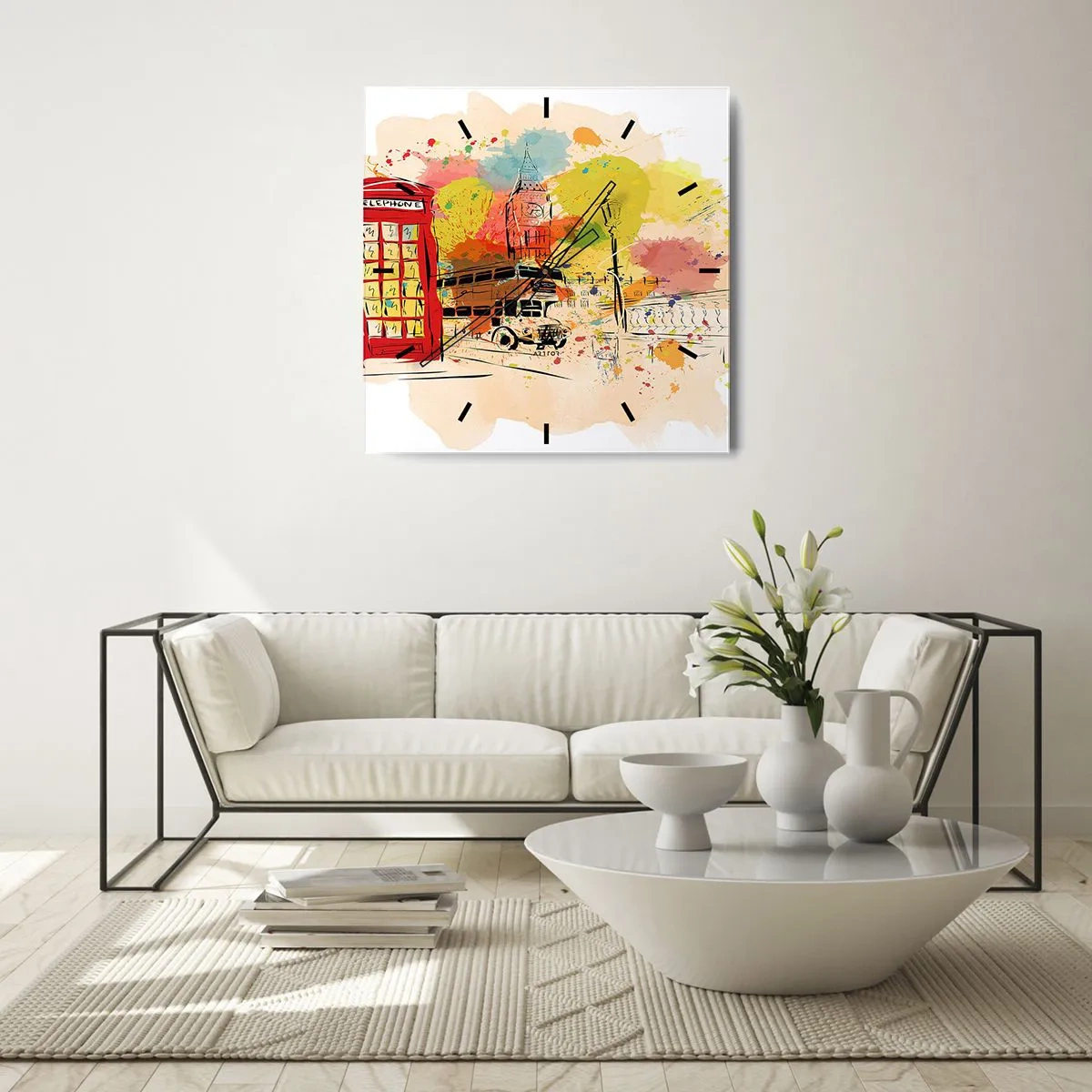 Zegar ścienny - Londyński motyw z czerwonym autobusem i budką - 30x30cm - Miasto rozmaitości - Nowoczesna dekoracja ścienna do salonu i sypialni ARTTOR