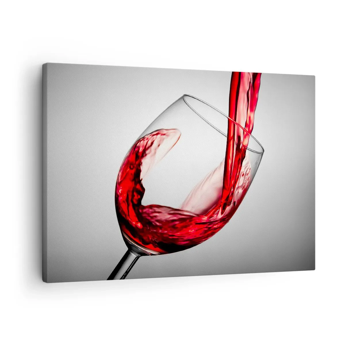 Obraz na płótnie - Kieliszek z czerwonym winem podczas nalewania na jasnym tle - 70x50cm - Barwa - ruch - dźwięk - Nowoczesna dekoracja ścienna do salonu i sypialni ARTTOR