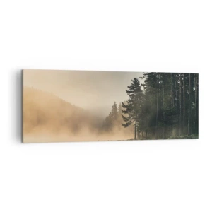 Obraz na płótnie - Mglisty las nad spokojnym jeziorem - 140x50cm - Narodziny dnia - Nowoczesna dekoracja ścienna do salonu i sypialni ARTTOR