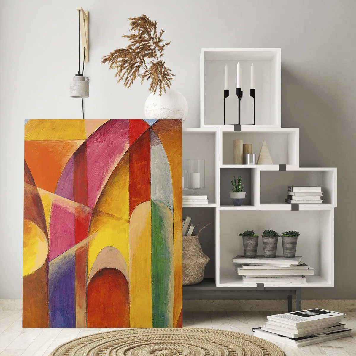 Obraz na szkle - Kolorowa abstrakcja z geometrycznymi kształtami - 50x70cm - Katedra słońca - Nowoczesna dekoracja ścienna do salonu, kuchni i sypialni ARTTOR