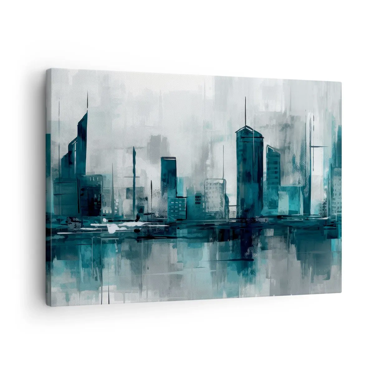 Obraz na płótnie - Nowoczesne miasto w odcieniach turkusu i szarości - 70x50cm - Miasto w kolorze deszczu - Nowoczesna dekoracja ścienna do salonu i sypialni ARTTOR