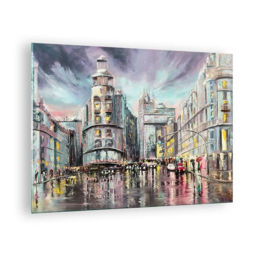 Obraz na szkle - Ulica miasta w deszczu z efektownym odbiciem świateł - 70x50cm - To będzie udany wieczór - Nowoczesna dekoracja ścienna do salonu i sypialni ARTTOR