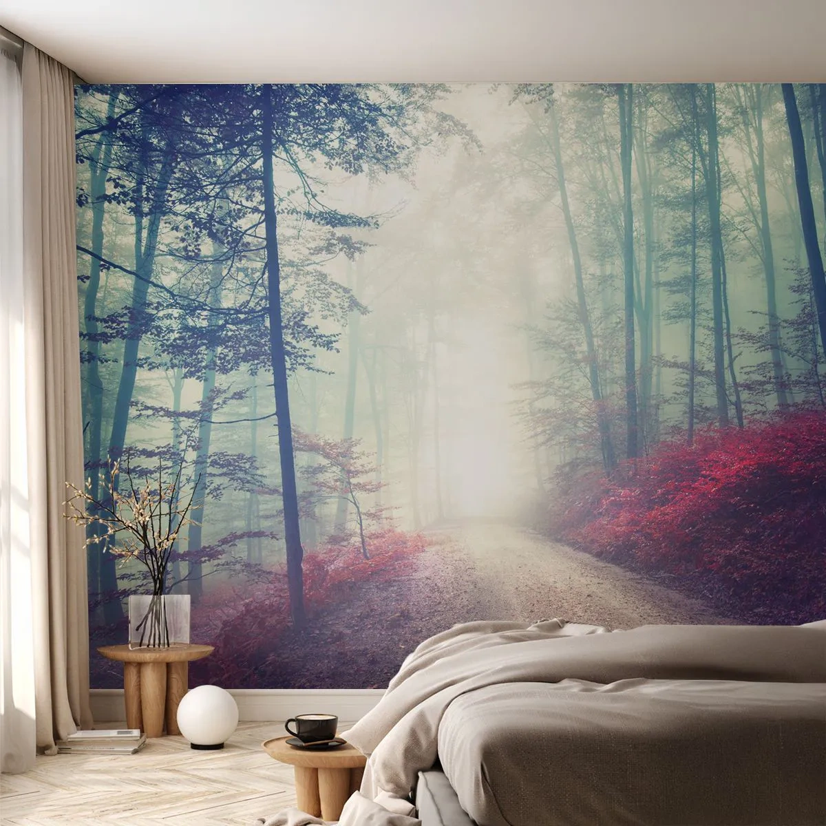 Fototapeta Premium Sand - Leśna droga we mgle z magicznymi barwami liści - 100x70cm - Jak dobrze wstać skoro świt - Nowoczesna dekoracja ścienna do salonu, kuchni i sypialni ARTTOR