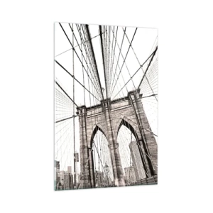 Obraz na szkle - Most Brooklyn w monochromatycznym ujęciu - 80x120cm - Nowojorska katedra - Nowoczesna dekoracja ścienna do salonu i sypialni ARTTOR