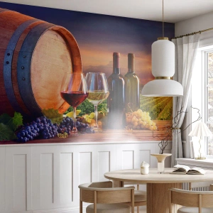 Fototapeta Samoprzylepna Deluxe Sticker - Tu życie ma smak - Winnica, Beczka Wina, Winogrono - 100x70 cm