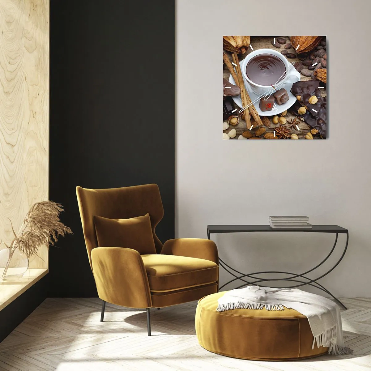 Zegar ścienny - Filiżanka gorącej czekolady otoczona składnikami deserowymi - 30x30cm - Z baśniowej fabryki czekolady - Nowoczesna dekoracja ścienna do salonu i sypialni ARTTOR