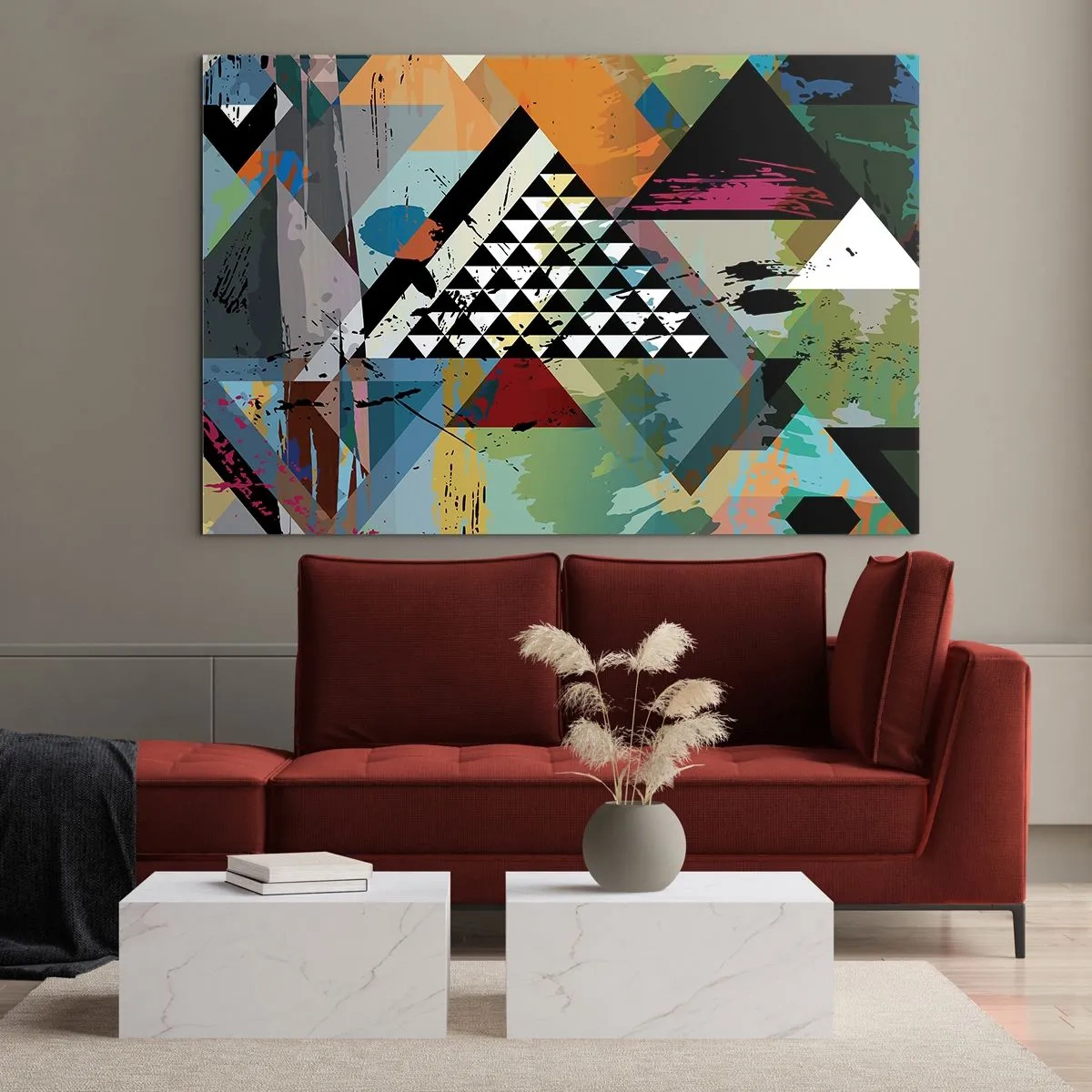 Obraz na szkle - Abstrakcyjna kompozycja geometrycznych kształtów i kolorów - 120x80cm - Jakie to proste - Nowoczesna dekoracja ścienna do salonu, kuchni i sypialni ARTTOR