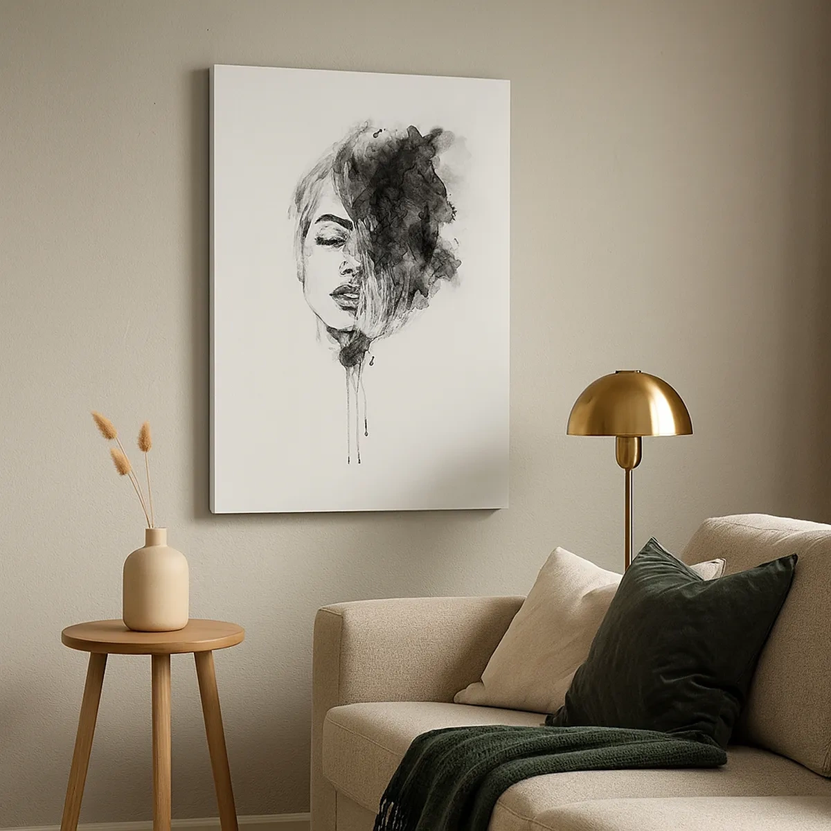 Obraz na płótnie - Portret kobiety w technice akwareli z abstrakcyjną czarną plamą - 50x70cm - O czym marzy dziewczyna - Nowoczesna dekoracja ścienna do salonu, kuchni i sypialni ARTTOR