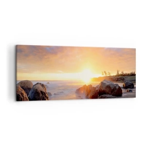 Obraz na płótnie - Zachód słońca nad kamienistym wybrzeżem - 120x50cm - Świetlista bryza wieczoru - Nowoczesna dekoracja ścienna do salonu i sypialni ARTTOR