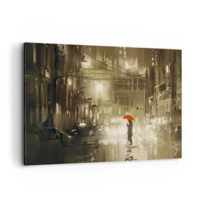 Obraz na płótnie - Postać z czerwonym parasolem w deszczowym mieście - 100x70cm - Sama, ale nie samotna - Nowoczesna dekoracja ścienna do salonu, kuchni i sypialni ARTTOR