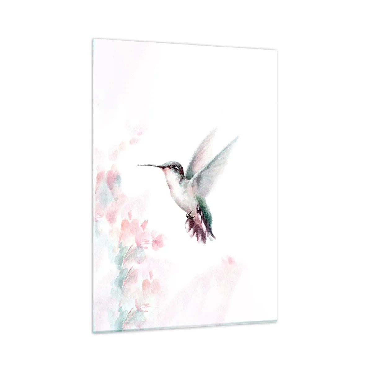 Obraz na szkle - Kolorowy koliber w delikatnej akwareli - 50x70cm - Zatrzymany w trzepocie - Nowoczesna dekoracja ścienna do salonu, kuchni i sypialni ARTTOR