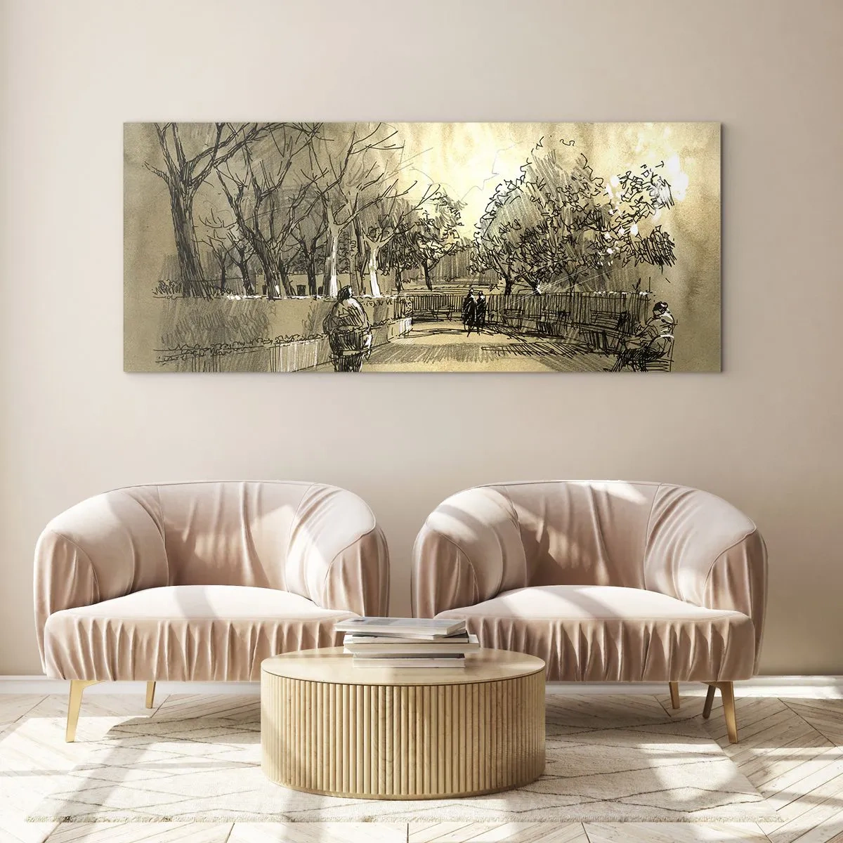 Obraz na szkle - Rysunkowa scena z parkiem i spacerującymi ludźmi w ciepłych odcieniach - 160x50cm - Piórkiem zatrzymana chwila - Nowoczesna dekoracja ścienna do salonu i sypialni ARTTOR