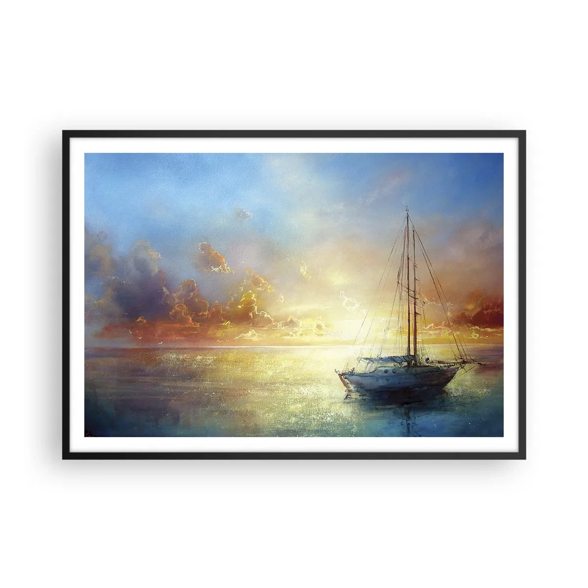 Plakat w czarnej ramie - Jacht na spokojnym morzu o zachodzie słońca - 100x70cm - W złotej zatoce - Nowoczesna dekoracja ścienna do salonu i sypialni ARTTOR