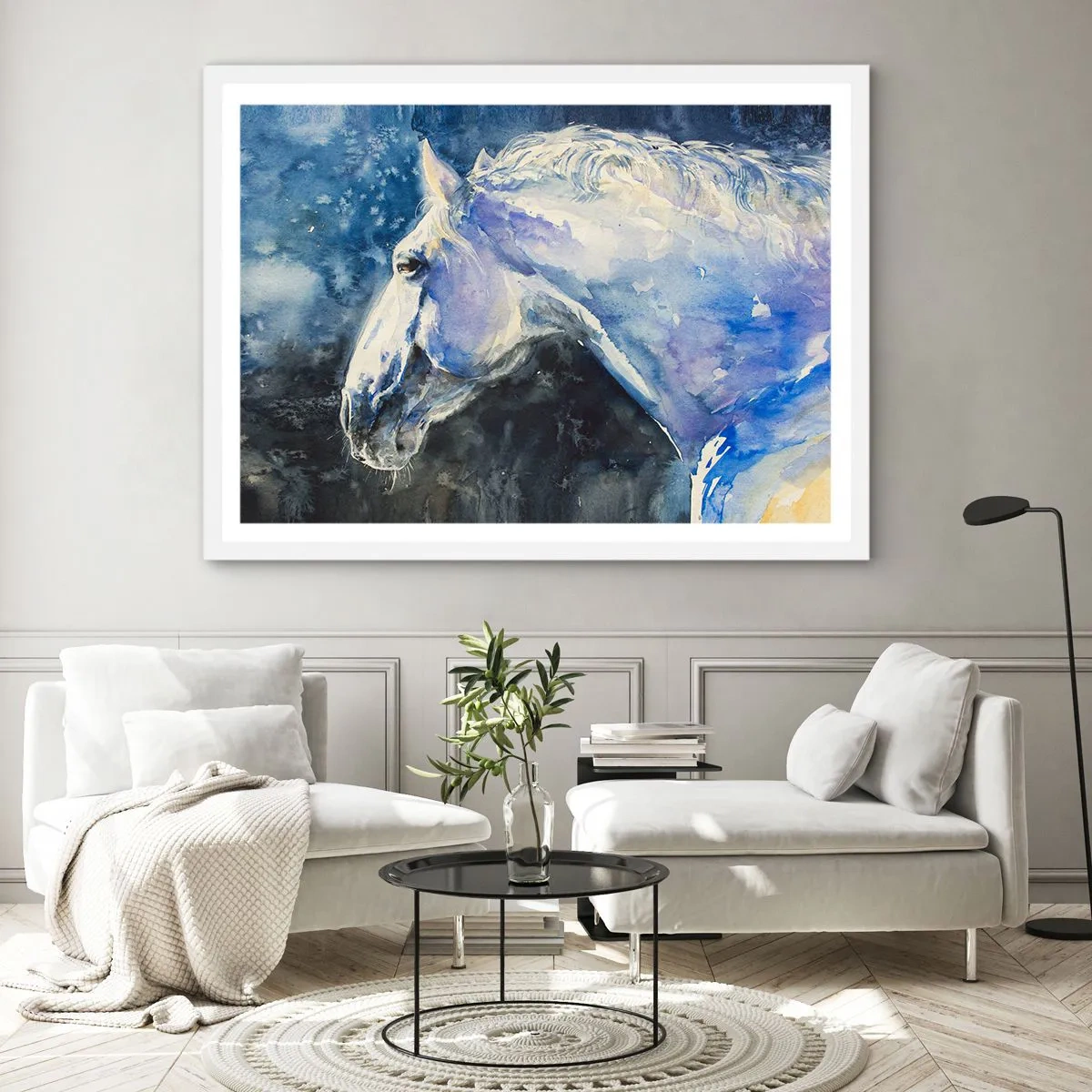 Plakat w białej ramie - Portret w błękitnej poświacie - 50x40 cm