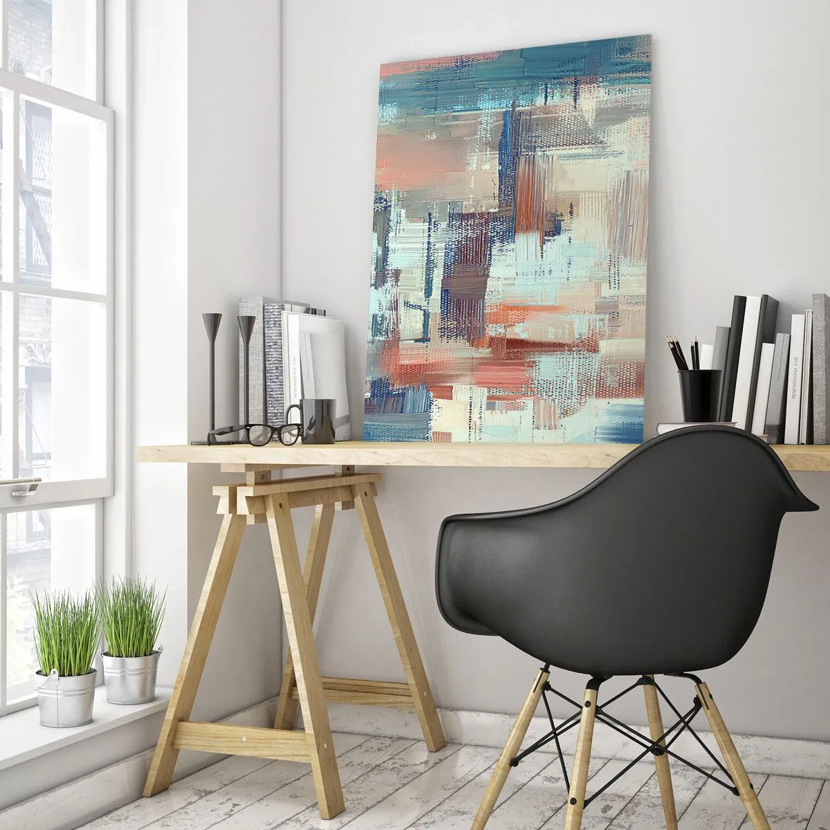 Obraz na szkle - Abstrakcyjna kompozycja w odcieniach błękitu i beżu - 70x100cm - Dotrzeć do światła - Nowoczesna dekoracja ścienna do salonu i sypialni ARTTOR