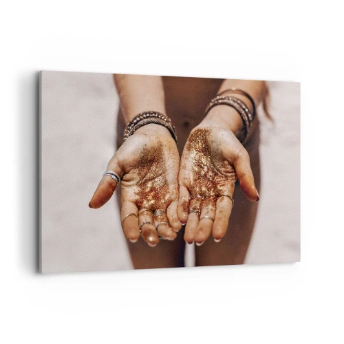 Obraz na płótnie - Dłonie z brokatem w ciepłych odcieniach na zbliżeniu - 120x80cm - Dar dla ciebie - Nowoczesna dekoracja ścienna do salonu, kuchni i sypialni ARTTOR