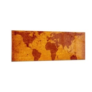 Obraz na szkle - Mapa świata w stylu vintage na tle w odcieniach brązu i złota. - 140x50cm - Zaproszenie do podróży - Nowoczesna dekoracja ścienna do salonu i sypialni ARTTOR