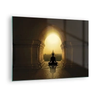 Üveg kép - Meditáló személy sziluettje a lenyugvó nap fényében egy építészeti boltívben - 70x50cm - Teljes harmónia - Modern fali dekoráció nappalihoz és hálószobához ARTTOR
