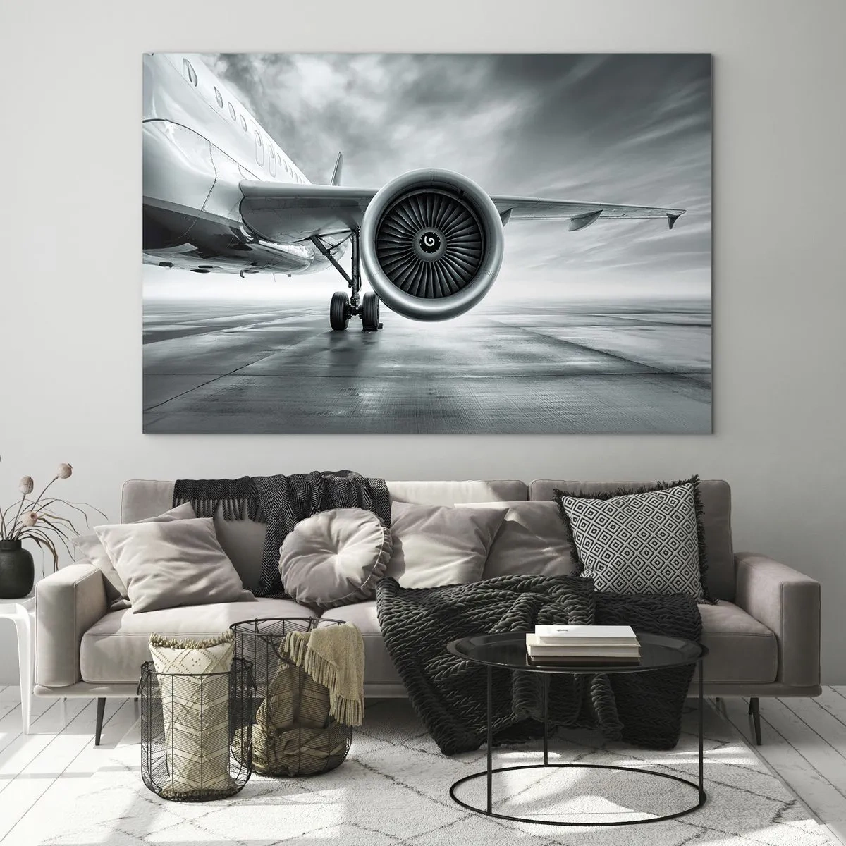 Obraz na szkle - Turbina samolotu pasażerskiego na pasie startowym o świcie - 70x50cm - Jest moc! - Nowoczesna dekoracja ścienna do salonu i sypialni ARTTOR