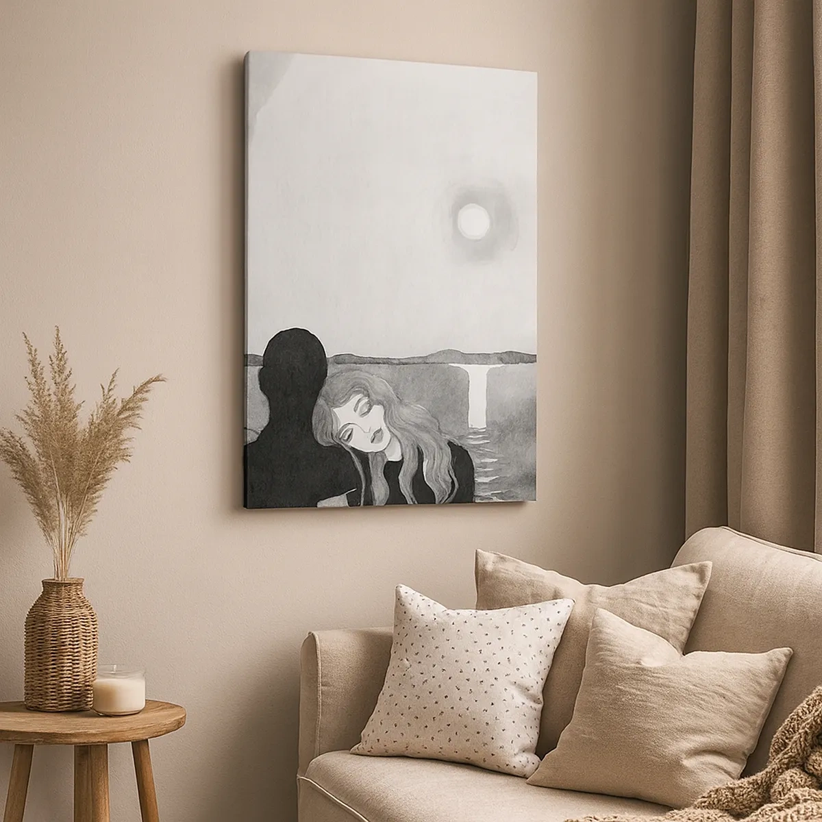 Obraz na płótnie - Sylwetka kobiety opierającej głowę na ramieniu postaci w cieniu na tle księżyca i wodospadu - 50x70cm - Zawsze tajemnica - Nowoczesna dekoracja ścienna do salonu, kuchni i sypialni ARTTOR