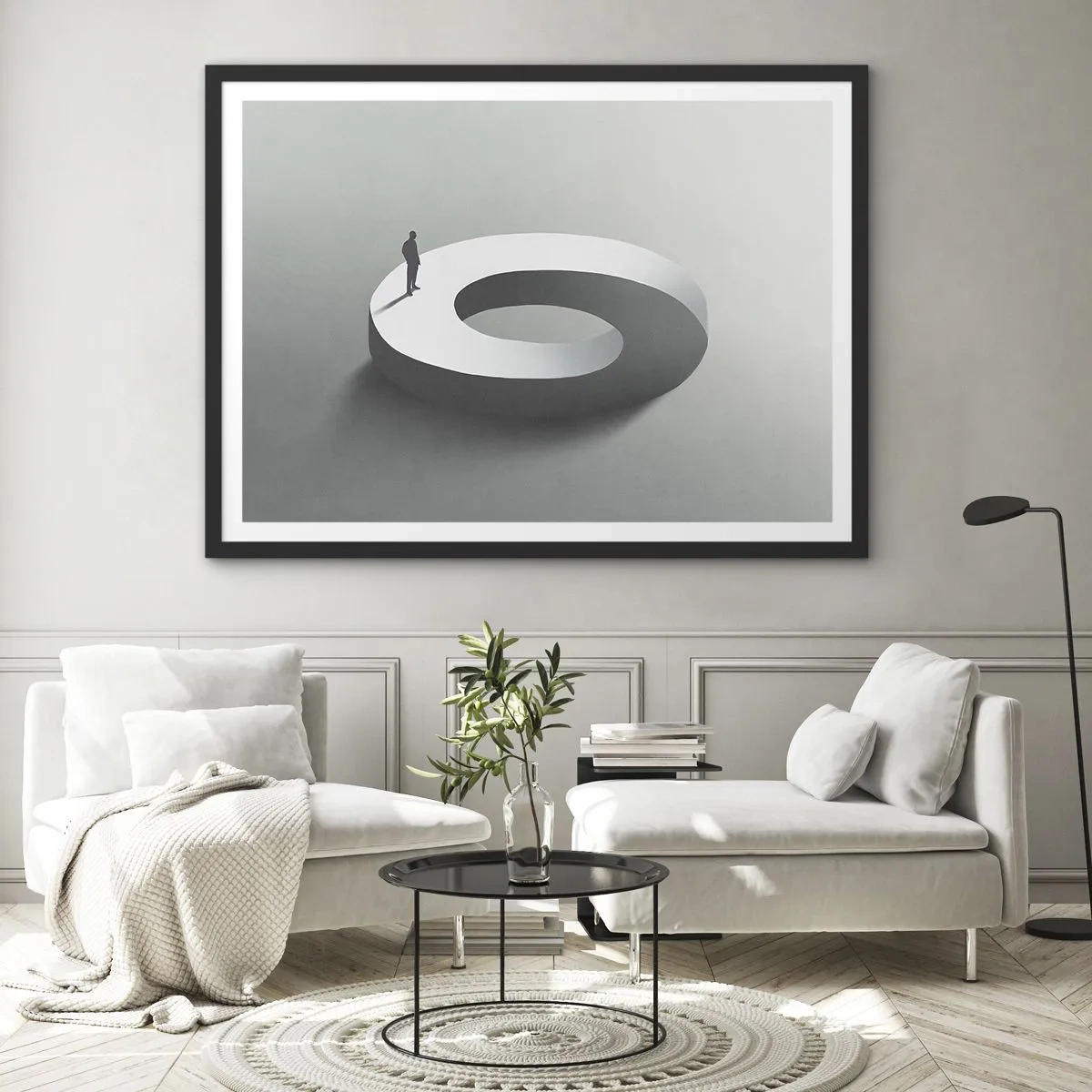 Plakat w czarnej ramie - Człowiek na szarej, abstrakcyjnej konstrukcji - 70x50cm - I bądź tu mądry - Nowoczesna dekoracja ścienna do salonu i sypialni ARTTOR