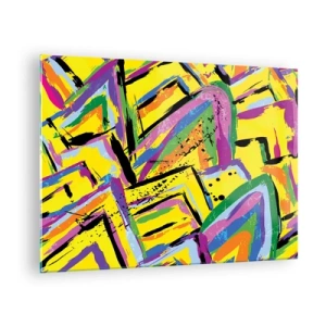 Obraz na szkle - Intensywna abstrakcja w jaskrawych kolorach na żółtym tle - 70x50cm - Aż krzyczy z radości - Nowoczesna dekoracja ścienna do salonu i sypialni ARTTOR