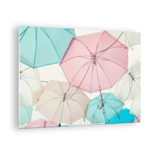 Obraz na szkle - Kolorowe parasole unoszące się w powietrzu - 70x50cm - Czasem słońce, czasem deszcz - Nowoczesna dekoracja ścienna do salonu i sypialni ARTTOR