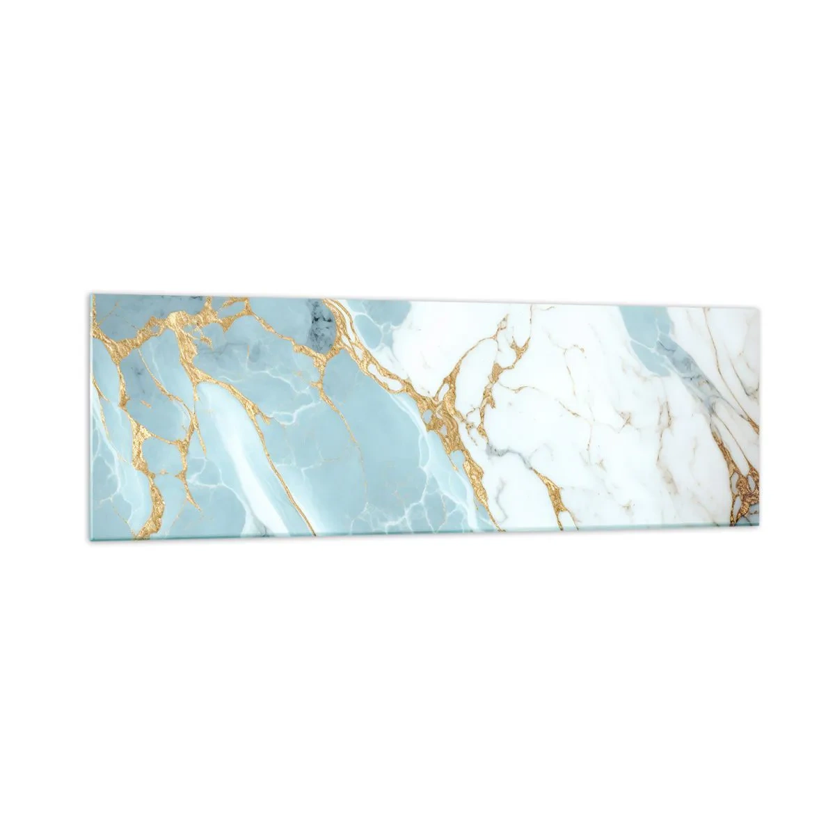Obraz na szkle - Błękitno-białe marmurowe wzory z dodatkiem złotych żył - 160x50cm - Bogactwo kamienia - Nowoczesna dekoracja ścienna do salonu i sypialni ARTTOR