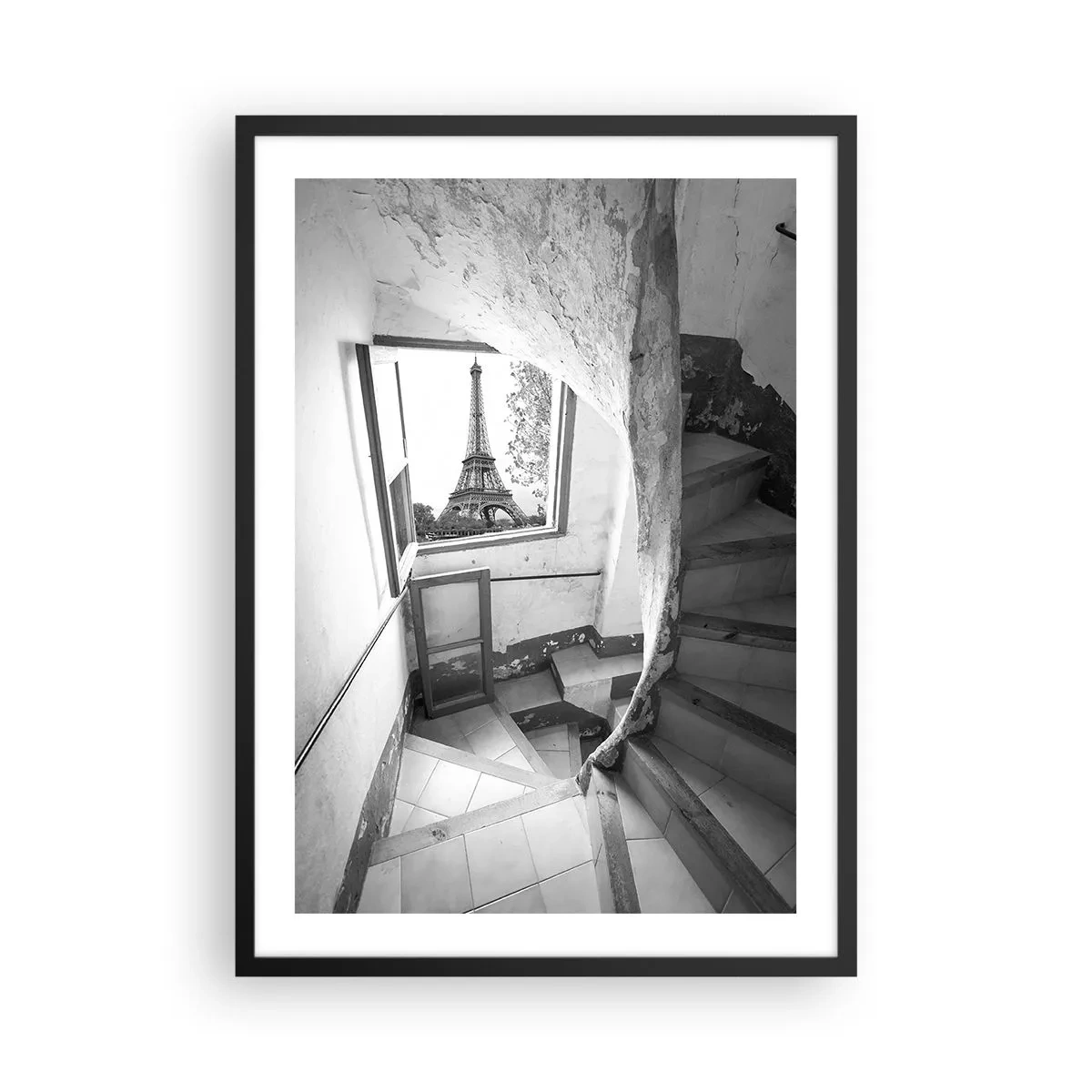 Plakat w czarnej ramie - Widok na Wieżę Eiffla przez okno w starym budynku - 50x70cm - Co za widok! - Nowoczesna dekoracja ścienna do salonu i sypialni ARTTOR