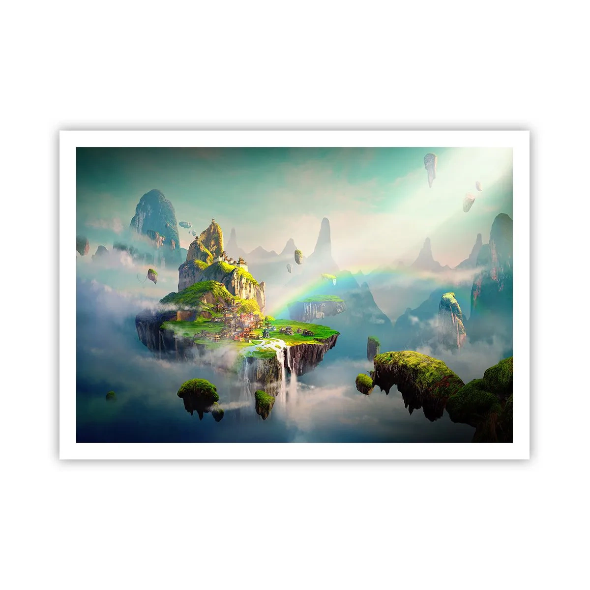 Plakat - Latające wyspy wśród chmur z tęczą na horyzoncie - 100x70cm - Śródniebie - wyspy szczęśliwe - Nowoczesna dekoracja ścienna do salonu i sypialni ARTTOR