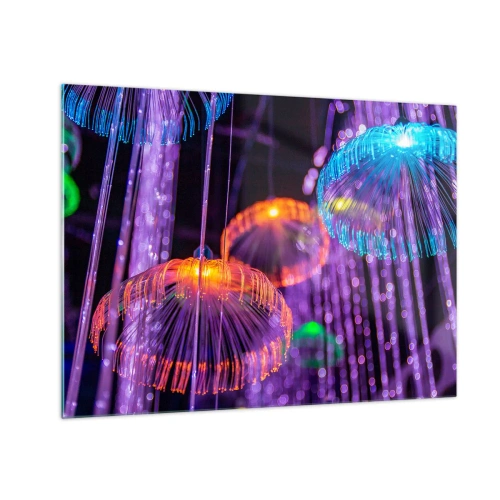 Obraz na szkle - Kolorowe świetlne struktury przypominające meduzy - 70x50cm - Świetlna fontanna - Nowoczesna dekoracja ścienna do salonu i sypialni ARTTOR