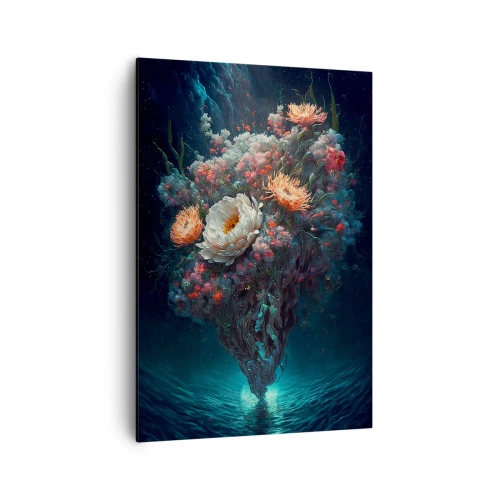 Obraz na płótnie - Fantazyjne kwiaty unoszące się nad wodą w tajemniczej scenerii - 70x100cm - Dziwny ogród - Nowoczesna dekoracja ścienna do salonu i sypialni ARTTOR