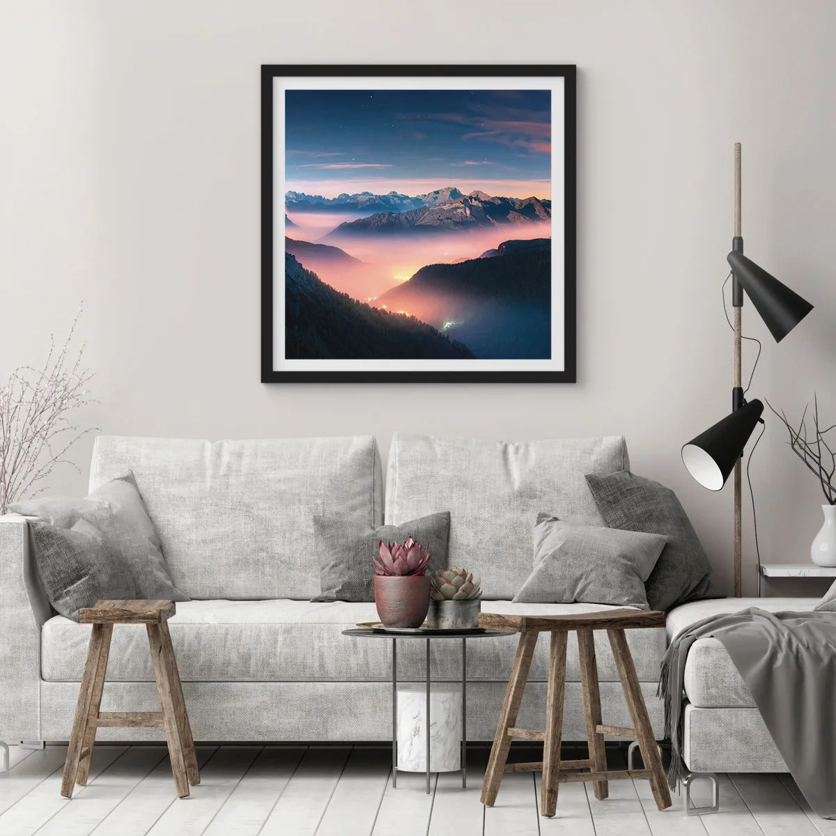 Plakat w czarnej ramie - Światło w dolinach - 30x30 cm
