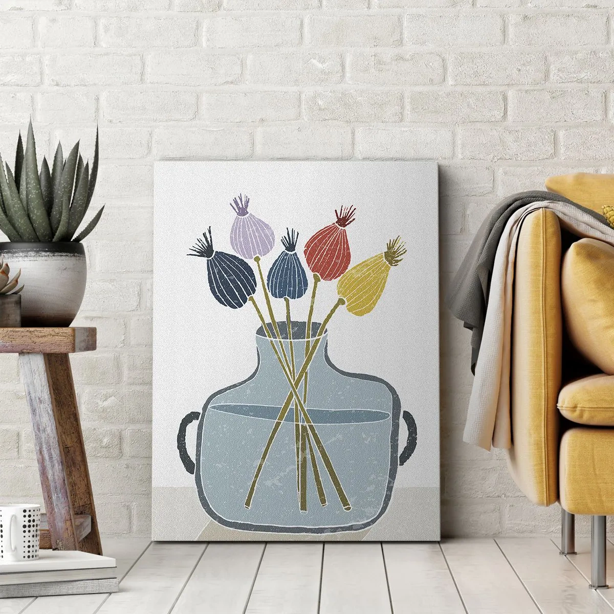 Obraz na płótnie - Kolorowe makówki w szklanym dzbanku na jasnym tle - 50x70cm - Jak makiem zasiał - Nowoczesna dekoracja ścienna do salonu, kuchni i sypialni ARTTOR
