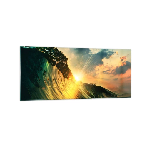 Obraz na szkle - Fala z zachodzącym słońcem i rozświetlonymi chmurami - 120x50cm - Surferze, gdzie jesteś? - Nowoczesna dekoracja ścienna do salonu i sypialni ARTTOR