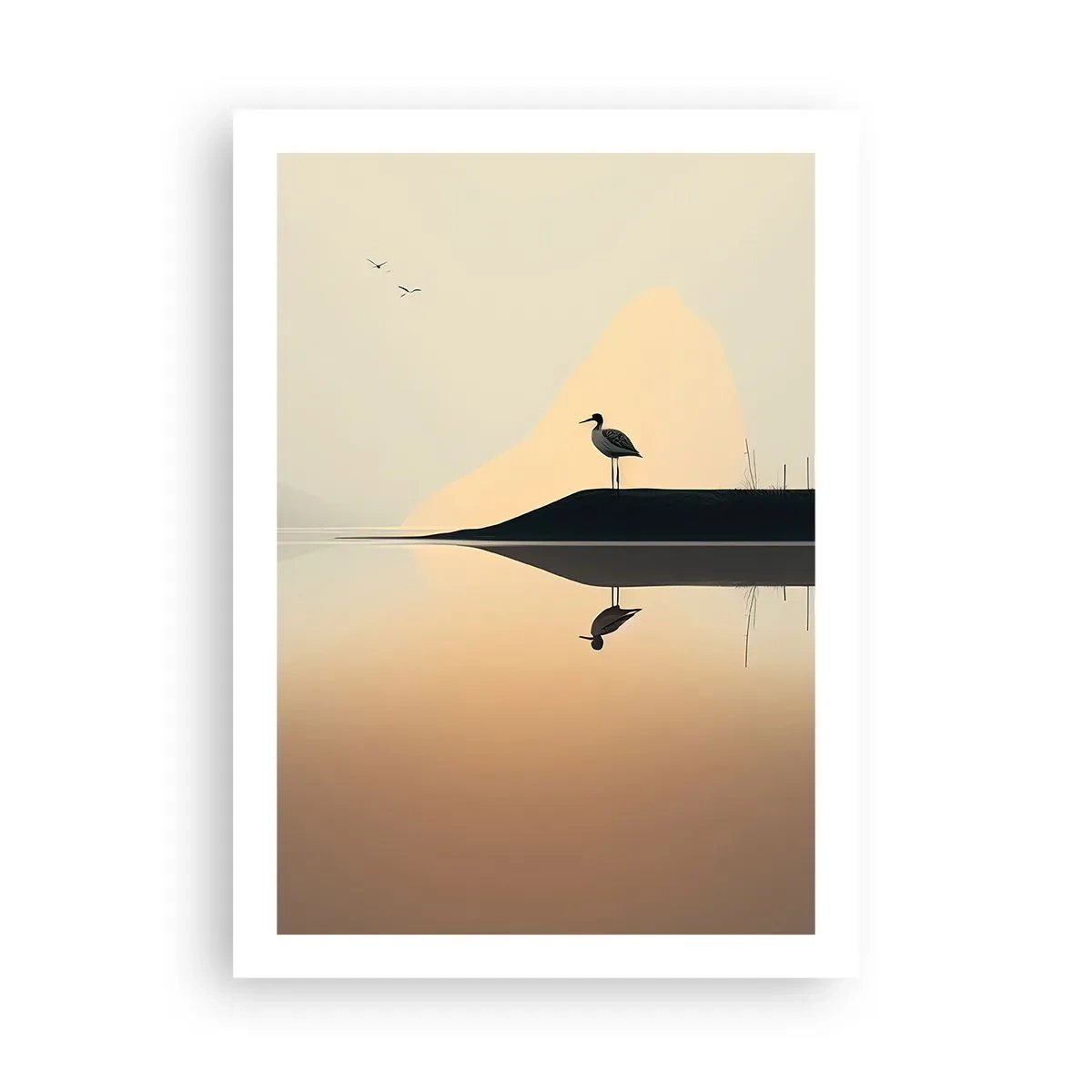 Plakat - Bocian stojący na brzegu jeziora z odbiciem w wodzie - 50x70cm - Pan na jeziorze - Nowoczesna dekoracja ścienna do salonu, kuchni i sypialni ARTTOR