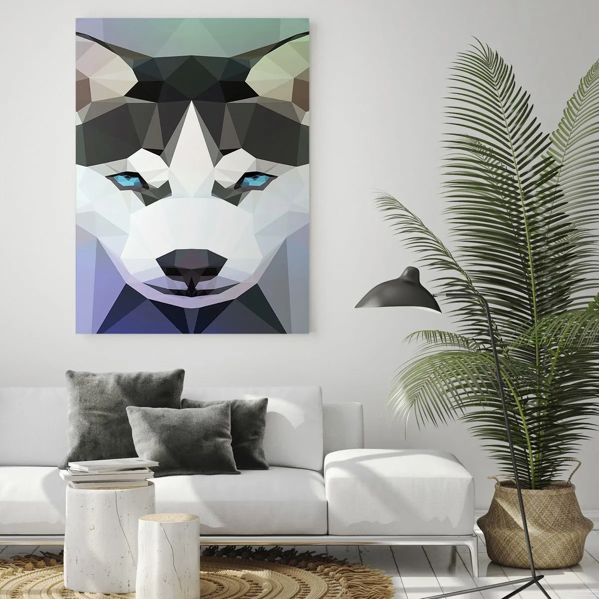 Obraz na szkle - Geometria wilka w nowoczesnym stylu - 50x70cm - Wspomnienie śniegów północy - Nowoczesna dekoracja ścienna do salonu, kuchni i sypialni ARTTOR