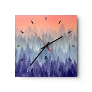Zegar ścienny - Mglisty las w odcieniach fioletu i pomarańczu - 30x30cm - Wysoko, wyżej, do nieba - Nowoczesna dekoracja ścienna do salonu i sypialni ARTTOR