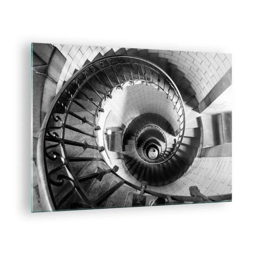 Obraz na szkle - Czarno-białe zdjęcie spiralnych schodów w perspektywie - 70x50cm - Wyżej i wyżej - Nowoczesna dekoracja ścienna do salonu i sypialni ARTTOR