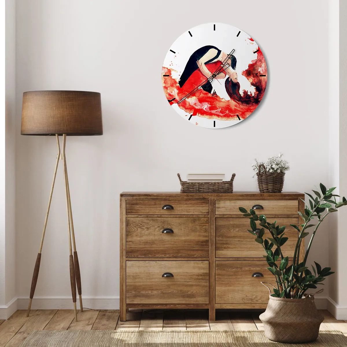 Zegar ścienny - Para tańcząca w czerwonych barwach artystycznych - 30x30cm - Tango - zmysłowa fala - Nowoczesna dekoracja ścienna do salonu, kuchni i sypialni ARTTOR
