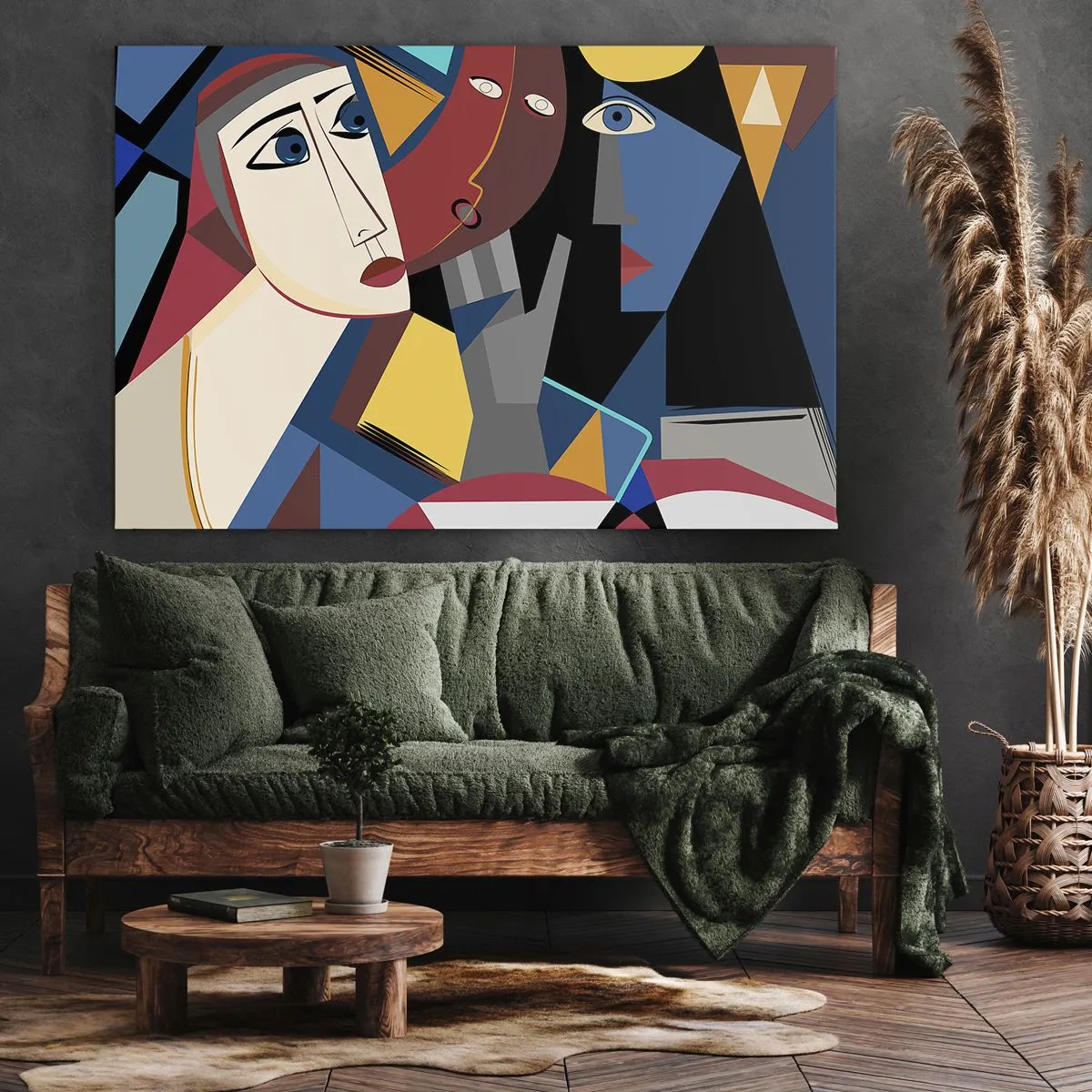 Obraz na płótnie - Kubistyczne twarze w intensywnych kolorach - 70x50cm - Rozmowa kubistów - Nowoczesna dekoracja ścienna do salonu i sypialni ARTTOR